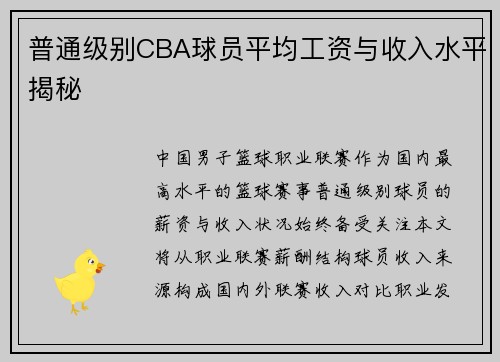 普通级别CBA球员平均工资与收入水平揭秘